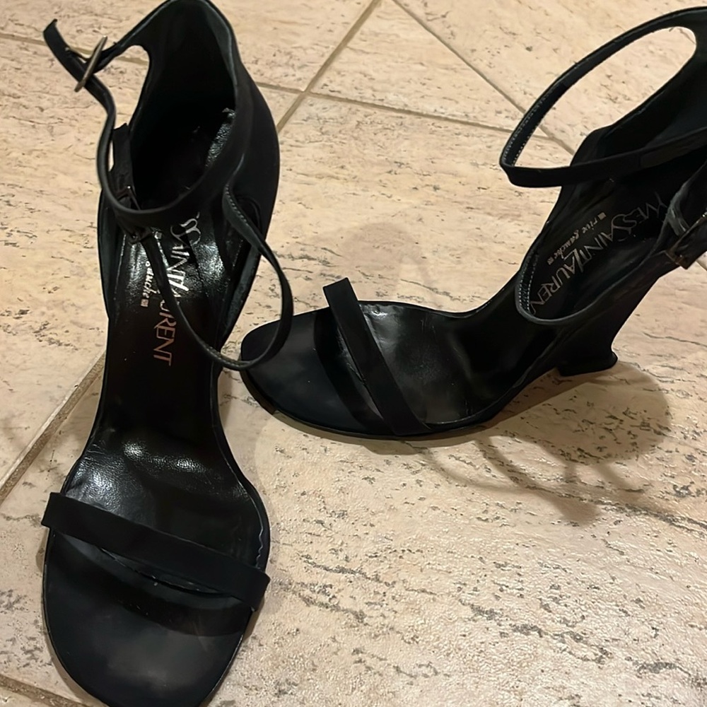Yves saint Laurent Rive Gauche black wedge sandals.